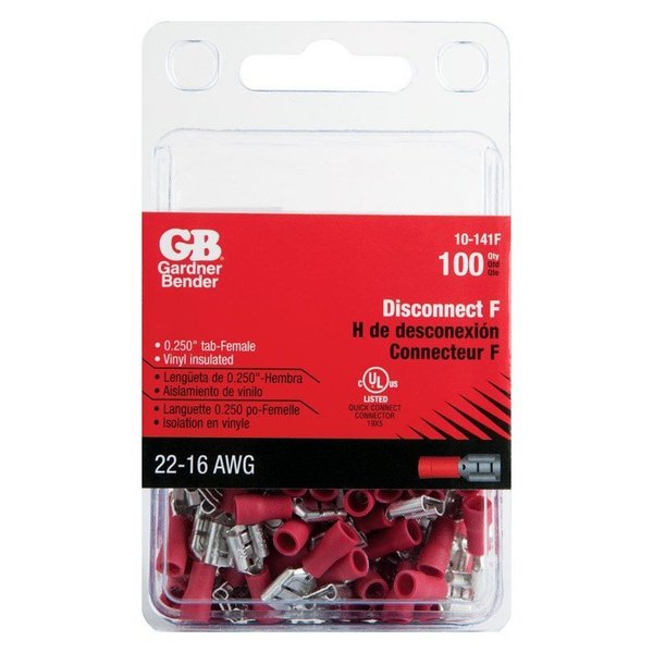 Gardner Bender 22-16 Ga. Insulated Wire Female Disconnect Red 100 pk 10-141F